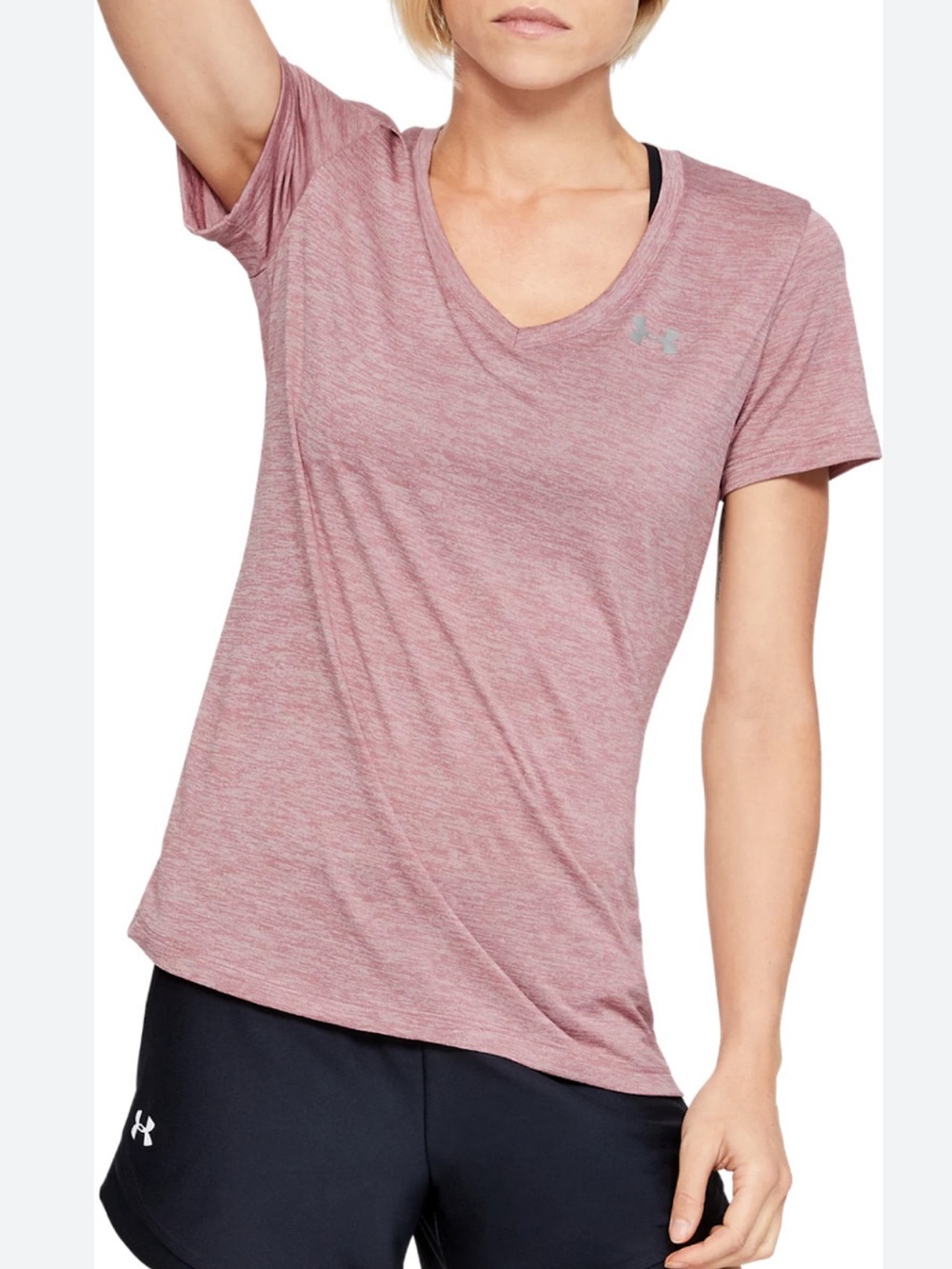 Under Armour Tech Twist HeatGear Pink Heather V Neck Athletic Tee Small